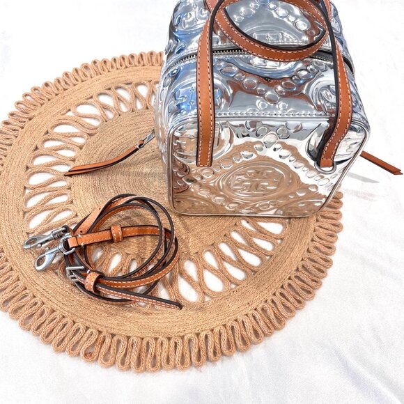 Limited Edition Tory Burch T Monogram Embossed Metallic Silver Cube Handbag - Picture 4 of 12